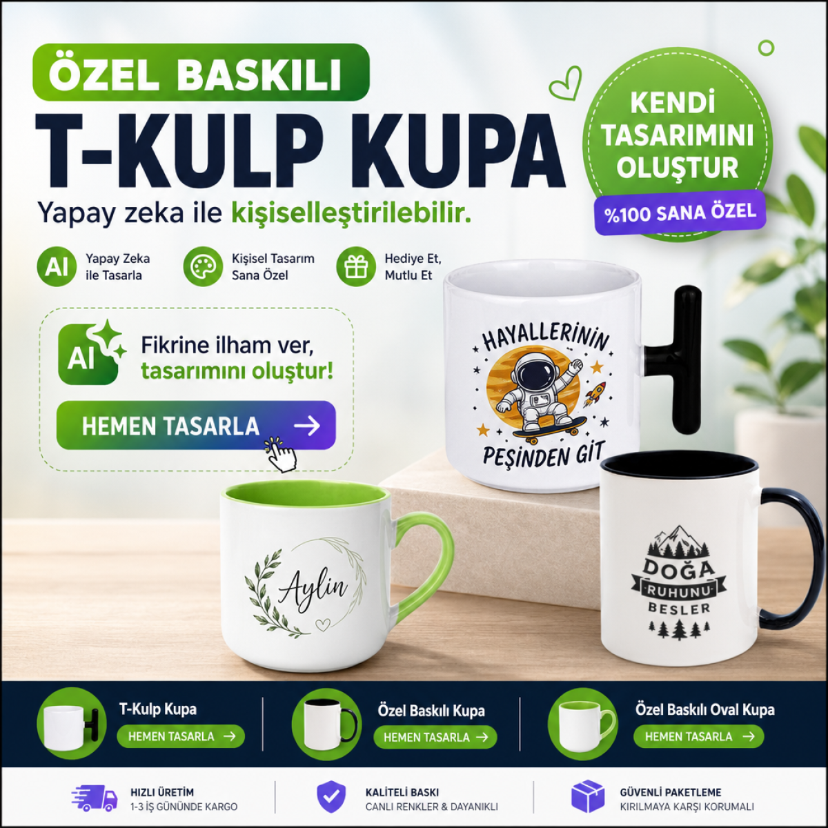 Özel Baskılı T-Kulp Kupa Yapay zeka ile kişiselleştirilebilir.